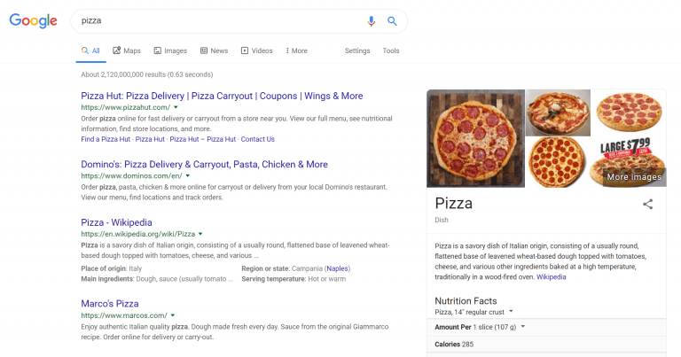 صفحة نتائج البحث لكلمة بيتزا - سيو البحث عن الكلمات المفتاحية