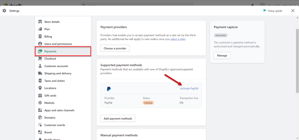 إعداد خيار الدفع بواسطة بنك باي بال Paypal في منصة شوبيفاي