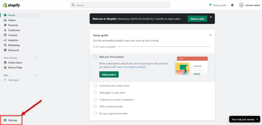  الدخول إلى إعدادات منصة إنشاء المتاجر الإلكترونية Shopify