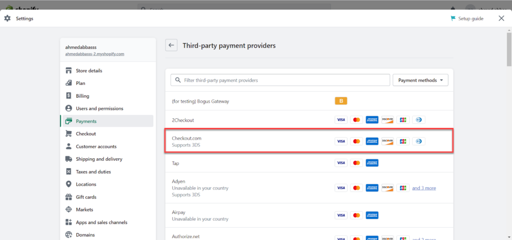 ضبط إعدادات بوابة الدفع Checkout.com على منصة Shopify
