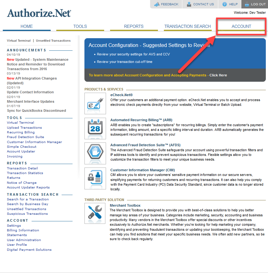 الدخول إلى إعدادات الحساب في بوابة الدفع Authorize.net