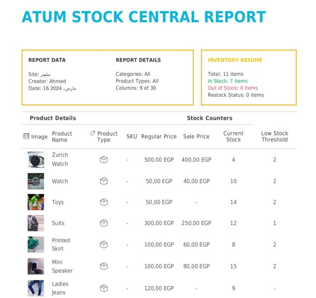تقرير PDF يوضح حالة مخزون المنتجات على متجر ووكومرس
