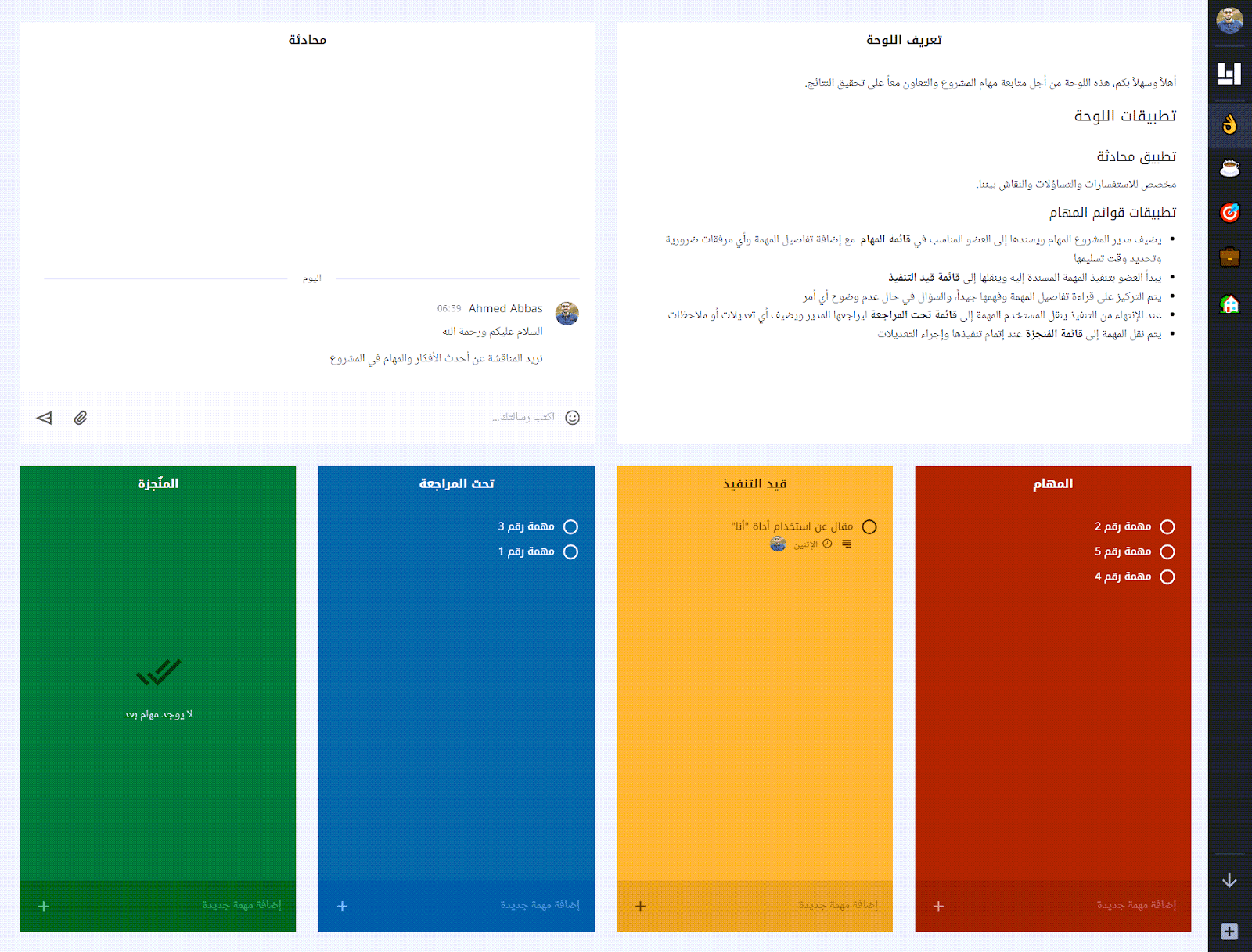  المظهر النهائي للتطبيق العملي للوحة إدارة المشروع على أداة "أنا"